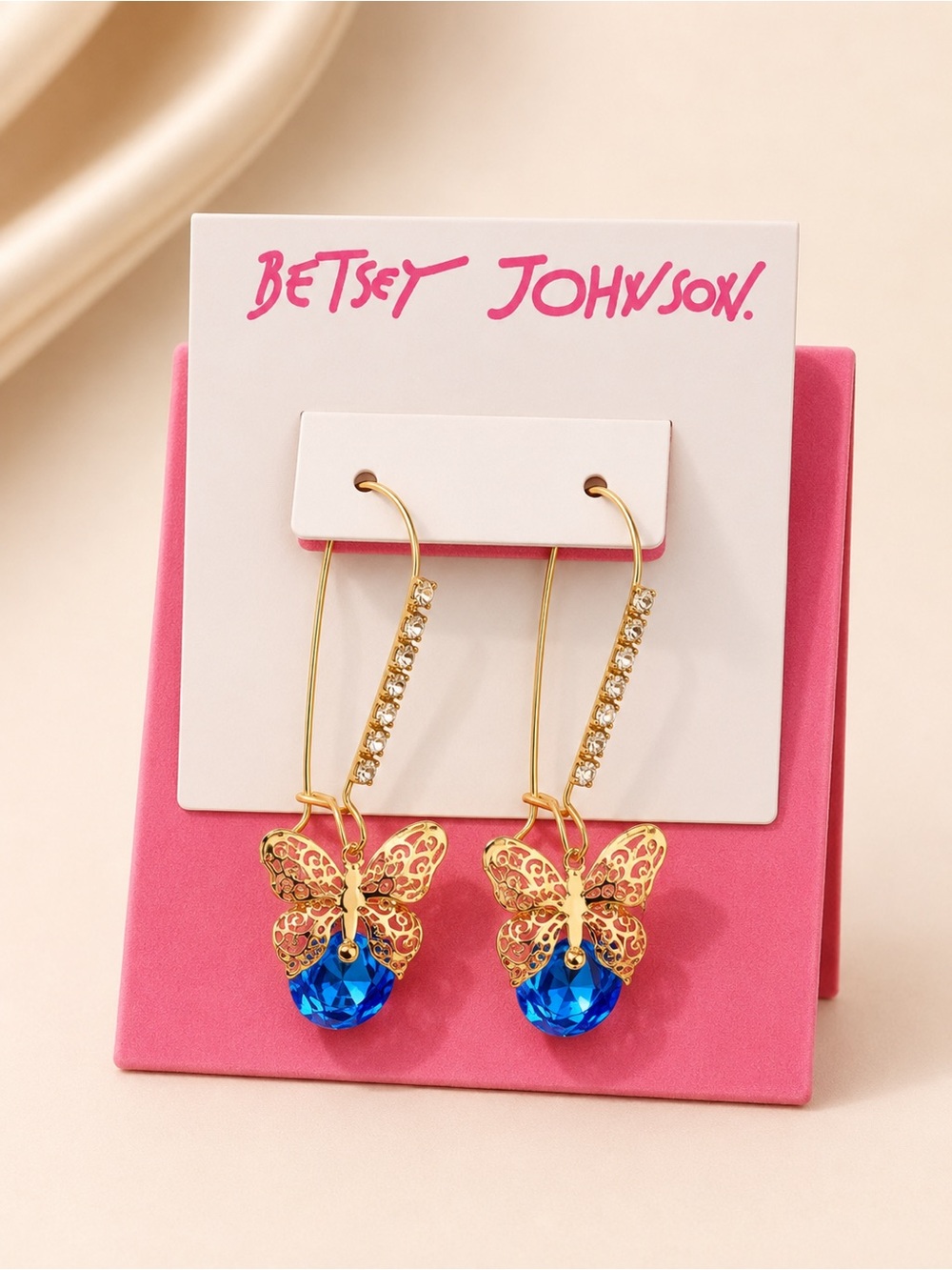 Betsey Johnson Blue Crystal Butterfly Drop Earrings NWT Gold Tone